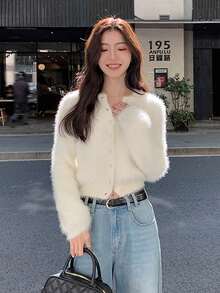 女士圆领开衫毛衣，2025秋冬新款小巧休闲叠穿上衣 - 杏色 - 查看 7
