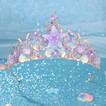 1 件优雅紫色心形海星贝壳美人鱼尾巴带闪亮皇冠新娘婚礼头饰，公主发饰 - 彩色 - 查看 13