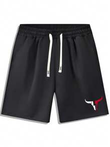 Brand Men's Shorts With Bull Head Pattern Print, Comfortable Breathable Drawstring Waist Casual Shorts For Travel, Vacation, Outdoor, Camping