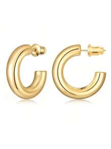 1 Pair Women's Thick Gold Hoop Earrings, Stainless Steel Cylindrical Gold Hoops