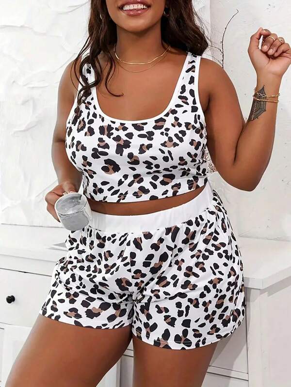 Plus Size Women's 2-Piece Pajama Set, Loose Casual Leopard Print Cropped Tank Top And Cute Shorts, Spring/Summer Homewear Set, Gift For Easter Or Birthday