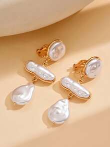 2pcs Asymmetrical Baroque Faux Pearl Clip-On Earrings, Exaggerated Tassel Dangle Earrings Without Piercing - White - View 12