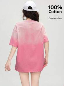 Black & White Ombre Color Block Wash Engineered Design Short Sleeve Mid-Length T-Shirt For Women, Summer Top