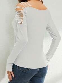 Women's Rhinestone Blouse - Sparkle V Neck Long Sleeve Top With Cutout Detail, Slim Fit Party T-Shirt, Evening Glam Tops For Clubbing  Date NightsWomens V Neck Tops Cutout Long Sleeve Rhinestone Slim Fit T-Shirts Sparkle Blouses - White - View 6