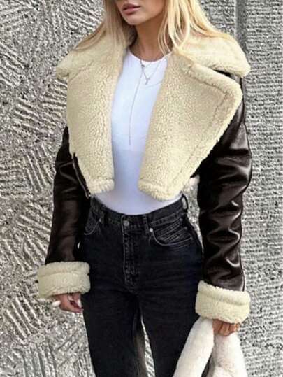Apperloth A Women's Street Style Lapel Zipper Roll-Up Cuff Teddy Fleece Lined PU Leather Short Motorcycle Jacket Outerwear Autumn/Winter Halloween Outfit