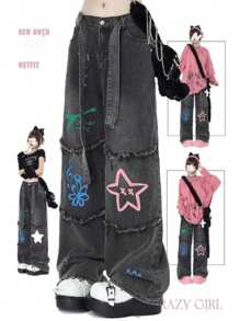 Jupkem Cute Low Rise Y2k Jeans Women Straight Leg Goth Star Graphic Wide Leg Kawaii Pants Y2k Aesthetic Baggy Jeans Korean Streetwear