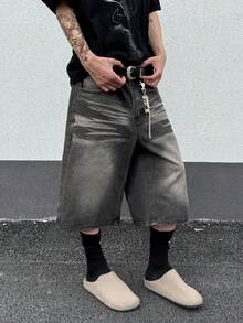 GlobeSwift 复古男士青年先锋街头时尚-休闲街头先锋时尚-嘻哈街头宽松3/4牛仔短裤，春夏秋 - 黑色 - 查看 2