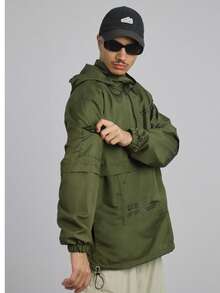 Urban Chameleon JAQUETA CORTA VENTO ANORAK CAMALEÃO URBANO CAPUZ   Outono  Primavera    Oversized    Nó  Zíper    masculino - verde musgo - Visão 2