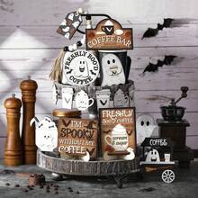 19pcs Halloween Wood Tiered Tray Decorations Coffee Ghosts Ghost Decorations Wooden Decor For Farmhouse Rustic Home Table Party Supplies, Cafe Centerpieces (Tray And Beads Not Included). Home Decor Halloween Decor Room Decor - Multicolor - View 3