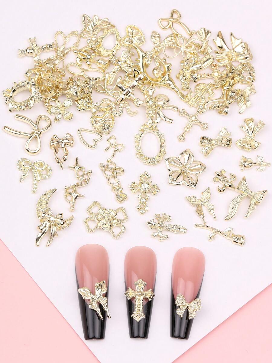 30pcs Y2K Random Mixed Butterfly, Heart, Cross Nail Art Decorations, DIY Nail Accessories, Nail Jewelry, Nail Gems Nails - Gold - View 1