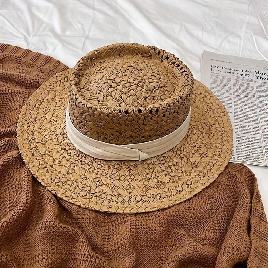 1pc Women's Vintage Flat Straw Hat - Wide Brim, Breathable Elastic Fit, Natural Beige & Black For Beach Vacation Travel Summer Outdoors - Perfect Gift, Two-Color Design - 彩色 - 查看 1