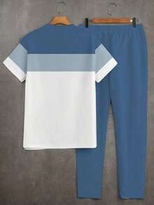 Conjunto de Top de manga corta con cuello redondo cómodo y pantalones con estampado de color contrastante para hombre - Multicolor - Ver 2