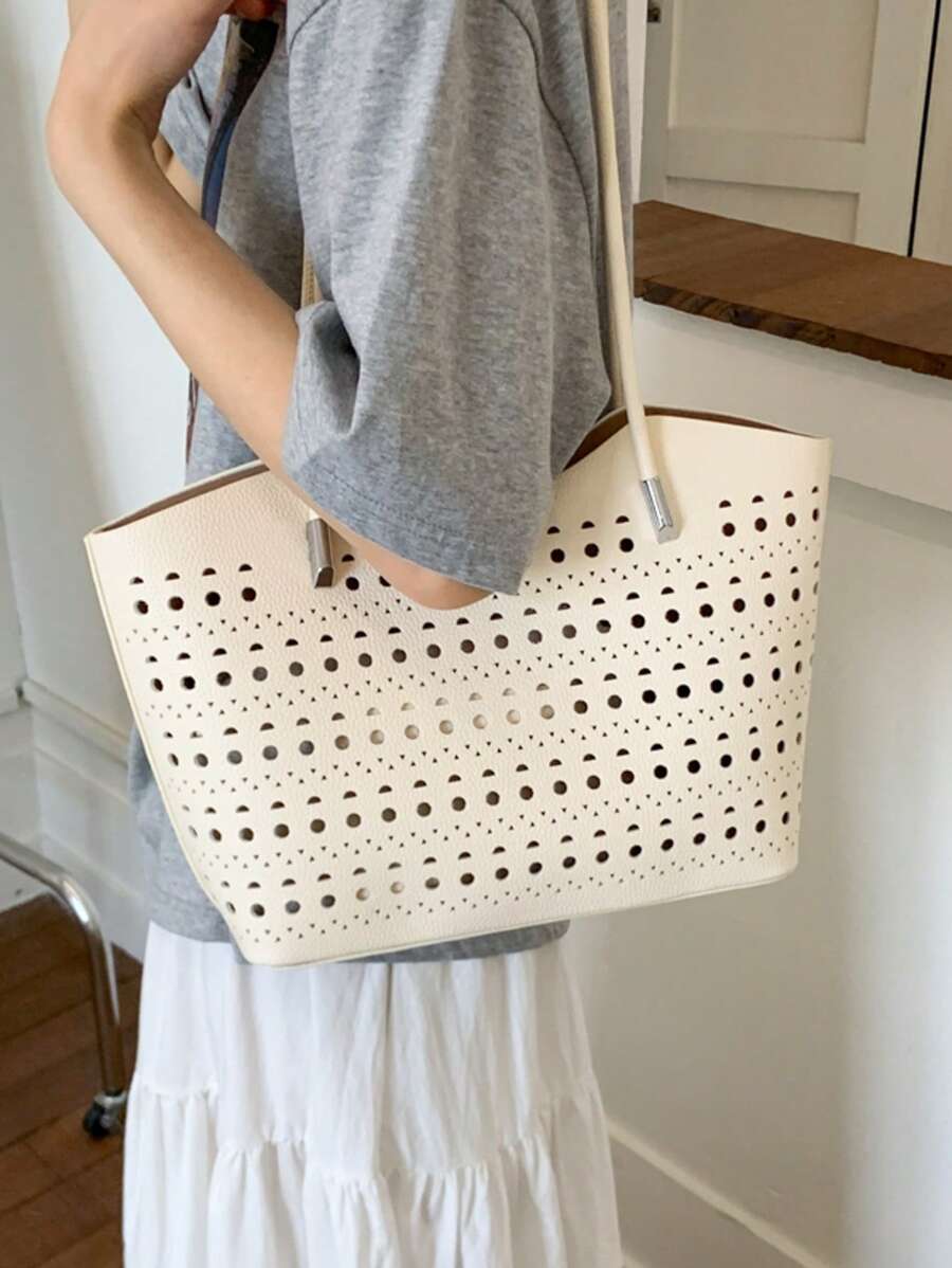 Nova Bolsa Sacola com Design Perfurado e Vazado, Bolsa de Ombro para Praia para Mulheres, Compras Casuais de Férias