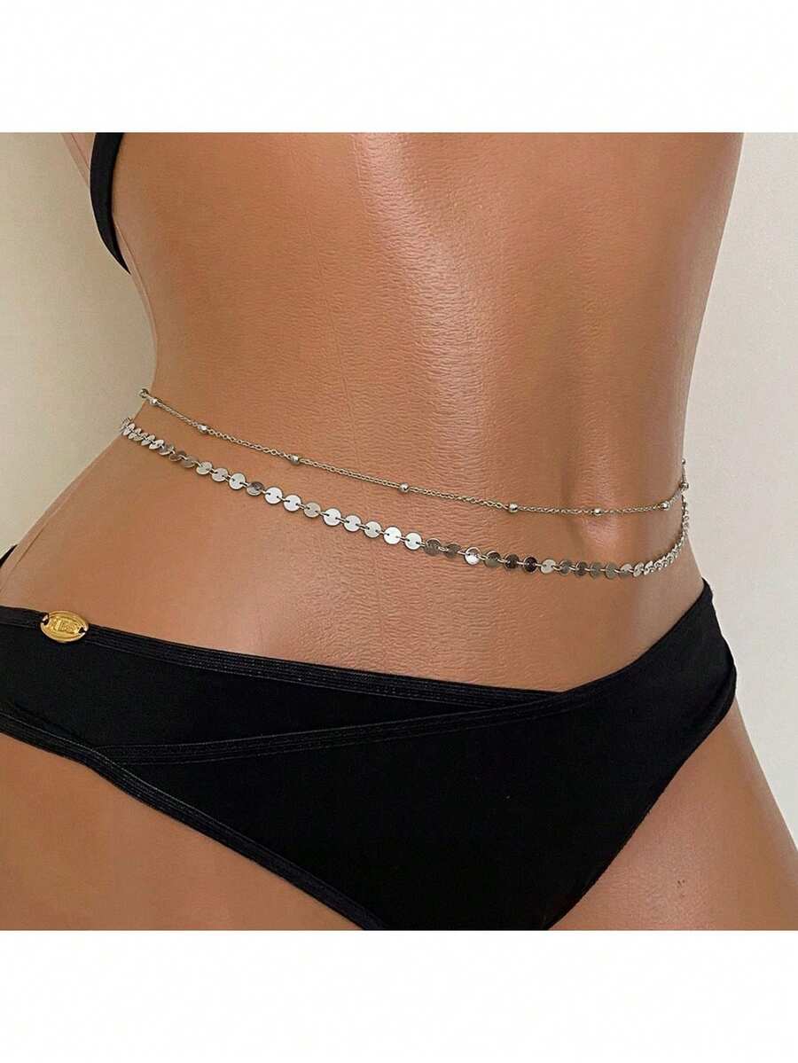2pcs/Set Women Shiny Sequin Waist Chain, Sexy Body Chain (Hand-Made Chain Length Adjustable, Random Number Of Beads And Round Discs) - Silver - View 1