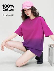 Camiseta de algodón con cuello redondo y estampado de degradado lavado para mujeres