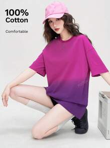 Washed Gradient Print Round Neck Cotton T-Shirt For Women