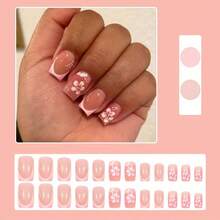 24pcs Elegant Summer Floral Press-On Nails In Pink & White Gradient - Square Shape, Medium Length With Polka Dot Design, Reusable False Nail Set For Women & S, Nail Salon, Ladies Nai