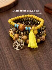 4pcs/Set Boho Style Wooden Life Tree Charm Bracelets, Elastic Rope Bangles For Daily Wear & Parties