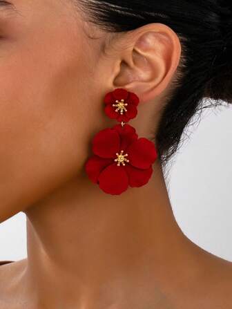 1 par de pendientes elegantes y femeninos para mujer, de metal con pintura floral en un diseño moderno