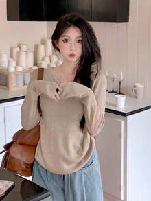 Women V-Neck Long Sleeve Slim Fit Knit Sweater For Fall/Winter, Simple Casual,Suitable For Daily, Commuting, Long Sleeve Tops - Milk Tea Color - View 5