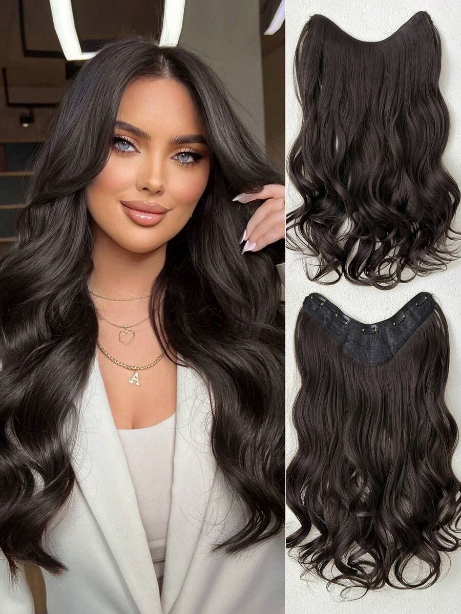 24英寸V型渐变色夹式接发，自然波浪卷合成纤维假发