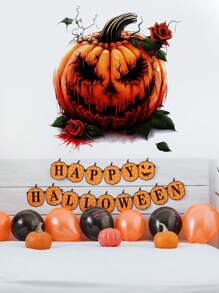 1pc Halloween Novelty Wall Decal, Creepy Pumpkin & Dark Rose Floral Vine Background Wallpaper Sticker, Self-Adhesive Decor For Bedroom, Living Room, Corridor, Entryway, Kitchen, Bathroom, Festive Home Decor Halloween Decor Fall Decor Room Decor Autumn Decor
