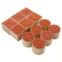 6 件木质印章花卉图案橡胶印章，圆形和方形蕾丝木质橡胶印章适用于剪贴簿和手工邀请函贺卡 DIY 工艺印章