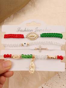 Juego de 4 piezas, pulsera de mujer ajustable con la Virgen María, serie de moda de México, pulsera tejida en rojo, blanco y verde