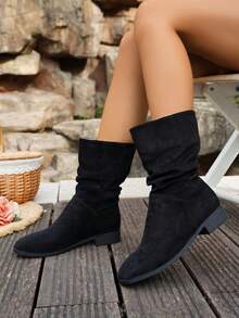 Women's Vintage Knight Mid-Calf Boots, Thick Heel, Versatile Western Folding Boots For Spring/Autumn - Black - View 4