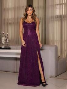 Long Green Glitter Slit Dress – Perfect For Parties, New Year's Eve And Graduations - 紫色 - 查看 2