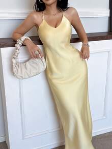 DEEKA New Sexy V-Neck Satin Backless Slip Dress, Elegant Party/Event Lingerie-Style Holiday Gown - Yellow - View 3