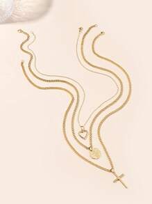 3pcs/Set European & American Punk Style Cross, Disc, Heart Pendant Necklace, Vintage Elegant Design Suitable For Women Daily, Party, Social Gathering Wear