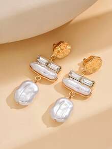 2pcs Asymmetrical Baroque Faux Pearl Clip-On Earrings, Exaggerated Tassel Dangle Earrings Without Piercing - White - View 16