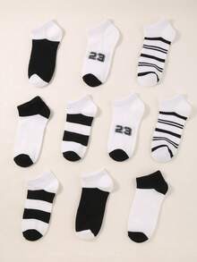 10 双儿童青少年条纹黑白短袜，字母印花 23 低帮袜，非常适合返校礼物、跑步运动旅行袜 - 黑與白 - 查看 3