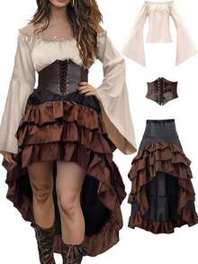 Medieval Pirate Queen Corset And Ruffle Maxi Skirt Sailor Costume For Halloween