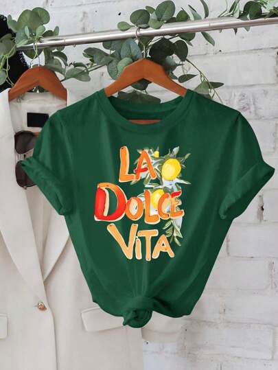 2025 Spring & Summer Casual Minimalist, "La Dolce Vita" Lemon & Fruit Print T-Shirt - Vibrant Amalfi Coast Summer Tee, Italy Travel Inspired Design, Women's Casual Crew Neck Top, Machine Washable, Beach Vacation, Playful Graphic Tee, Suitable For Spring, Summer, Autumn