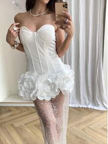 vestido noche  Liso    Fiesta    Lentejuelas    Cremallera  Rosa 3d    vestido lentejuelas  Noche de fiesta    verano - Blanco - Ver 3