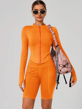 Women's Fashion Stand Up Collar Zipper Long Sleeve Yoga Jacket Tight And Soft Yoga Clothing Outdoor Fitness Sports Top Jacket Suitable For Fitness Exercise In Autumn