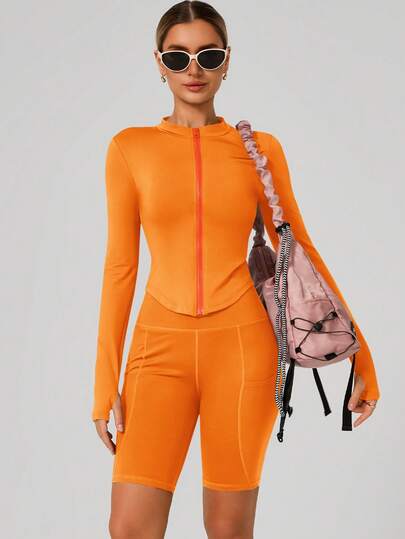 Women's Fashion Stand Up Collar Zipper Long Sleeve Yoga Jacket Tight And Soft Yoga Clothing Outdoor Fitness Sports Top Jacket Suitable For Fitness Exercise In Autumn