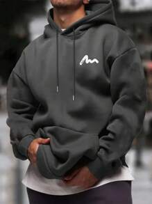 男士印花抽绳连帽卫衣，秋冬款，长袖上衣 - 深灰色 - 查看 5