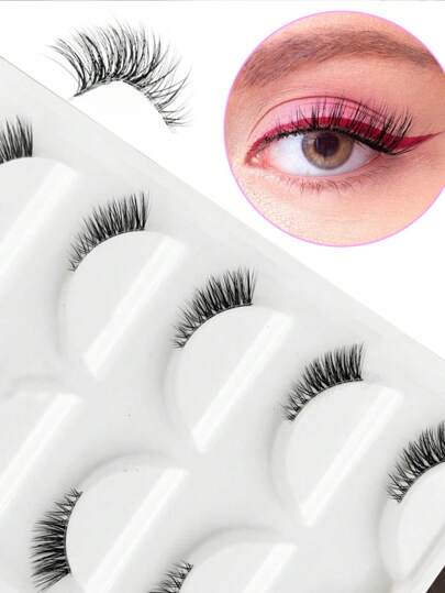 5 أزواج من رموش العين الثمينة نصف العين - قابلة لإعادة الاستخدام ، طبيعية ، طويلة ، متداخلة وناعمة ، شعر صناعي ثلاثي الأبعاد ، طراز طويل الطرف مع ساق شفافة - سهلة التطبيق والإزالة