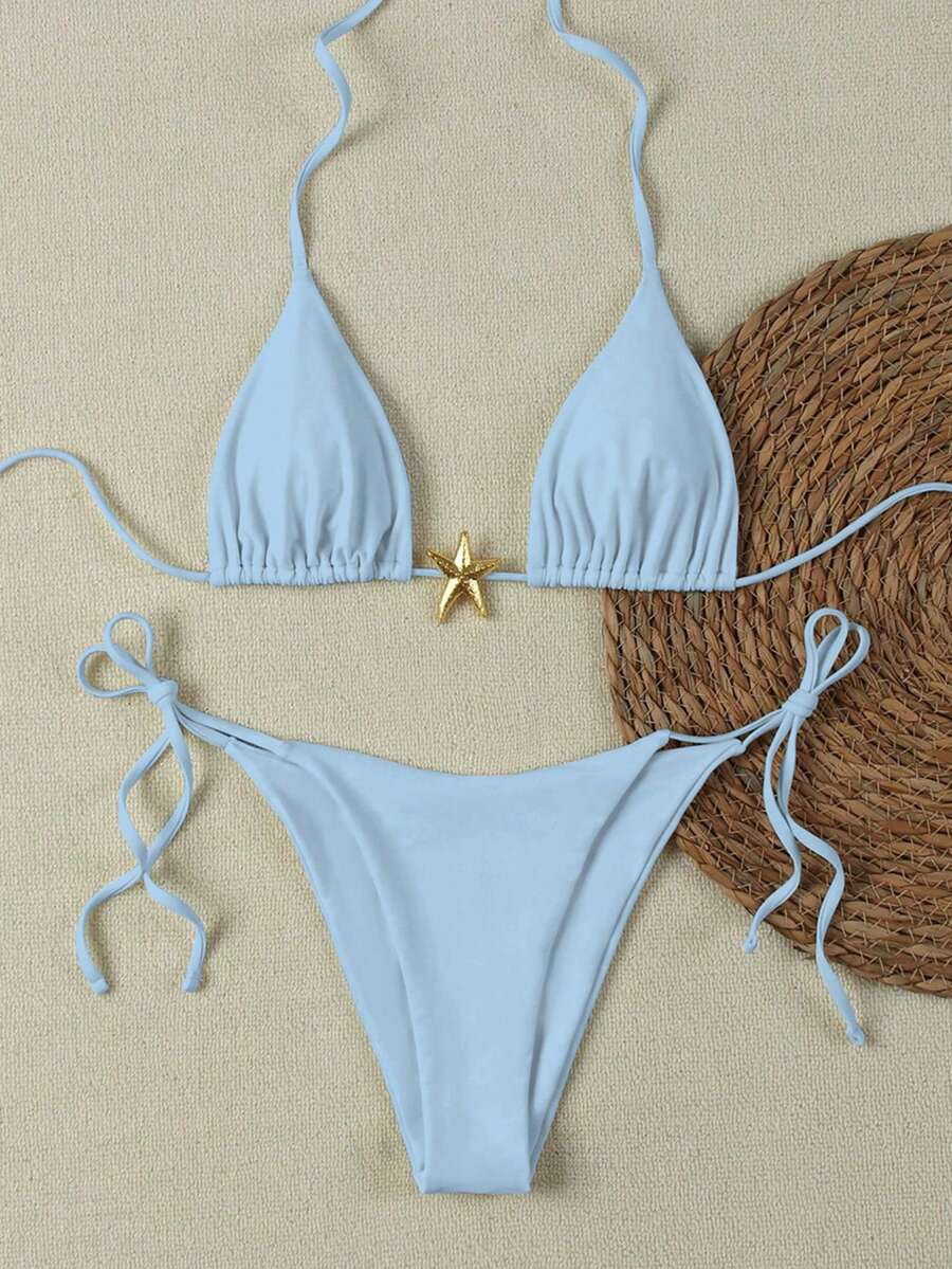 夏季性感金屬色海星裝飾純色女款比基尼兩件套,海灘度假派對時尚優雅休閒泳衣套裝 - 藍色 - 查看 1