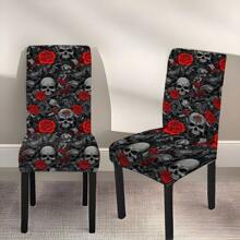 1 件/2 件/4 件/6 件万圣节花卉和骷髅印花节日家居装饰椅套，高弹力全套可拆卸可洗椅子保护套，适用于家庭、季节性装饰