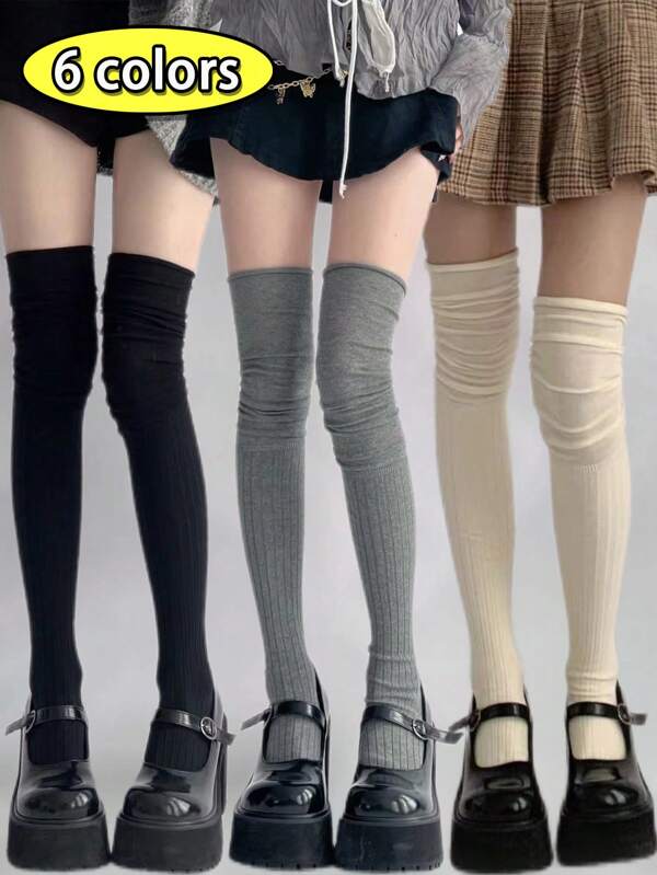 1-3 Paar Damen einfarbige gestrickte Patchwork Überknie-Socken, dekorative Knie-Hohe-Socken, Y2K College Stil, Mode Accessoires, Patchwork Teil in regulärer Dicke, stapelbar für besseres Aussehen, 6 Farboptionen, geeignet für niedliche Mädchen, Alltagsmode