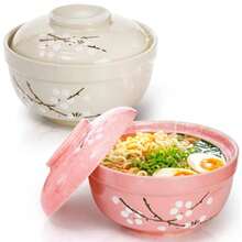 SHUS0033-2 Pack Ceramic Ramen Noodle Bowl 27 OZ Big Ramen Bowl With Lid Panese HandPainted Ceramic Tablre Durable Floral Soup Bowl For Noodles Porridge Rice Dishwasher Safe Pink Cyan Blue - PinkCyan - View 1