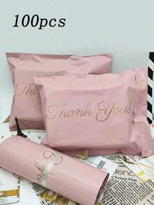 100pcs Sealed Express Delivery Bags, Gold Thank You & Pink Gift Packaging Bags, Thickened Waterproof Packaging Bags, Suitable For Express Logistics Packaging, Wedding Birthday Party Gifts Packaging, Daily Supplies Packaging - Pink - View 1