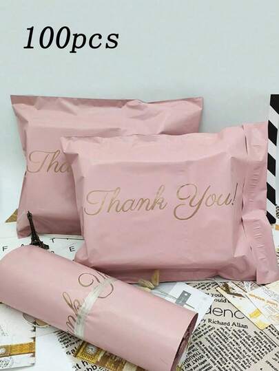 100pcs Sealed Express Delivery Bags, Gold Thank You & Pink Gift Packaging Bags, Thickened Waterproof Packaging Bags, Suitable For Express Logistics Packaging, Wedding Birthday Party Gifts Packaging, Daily Supplies Packaging