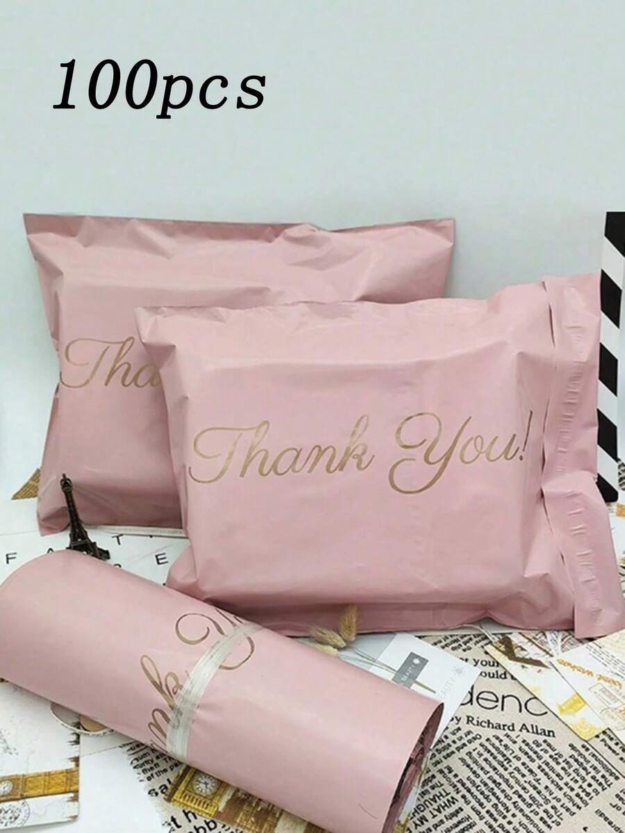 100pcs Sealed Express Delivery Bags, Gold Thank You & Pink Gift Packaging Bags, Thickened Waterproof Packaging Bags, Suitable For Express Logistics Packaging, Wedding Birthday Party Gifts Packaging, Daily Supplies Packaging - Pink - View 1