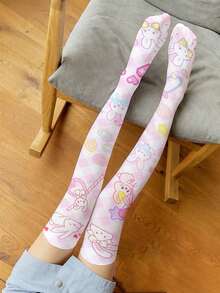 1 双女士可爱粉色卡通兔子和心形图案印花大腿袜，轻盈、柔软、透气、高弹性，适合派对、聚会、日常穿着 - 粉色 - 查看 5