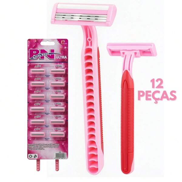 Kit com 12 Peças Barbeador Descartáveis Rosa com 3 Lâminas e Fita Lubrificante Antialérgico Multiuso